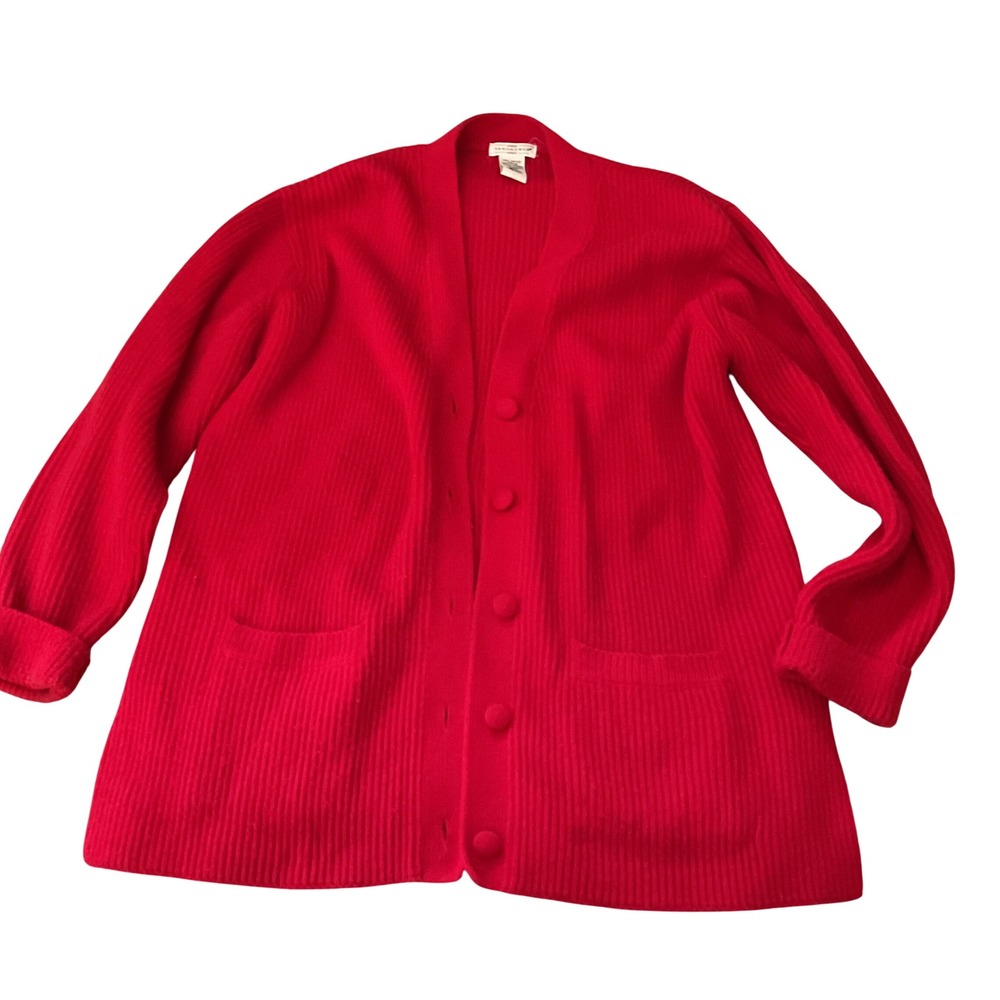 Yarnworks Red Ribbed Button Front Cardigan Sweater Womens Medium Petite Pocket